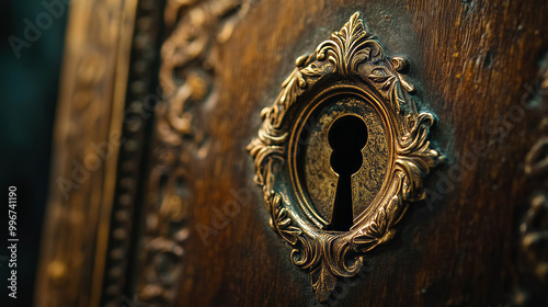 Detailed shot of a decorative, vintage keyhole set in an ornate metal plate on a dark wooden door, emphasizing texture and craftsmanship.
 photo