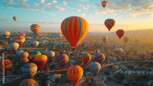 Hot air balloons taking off at sunrise over cappadocia