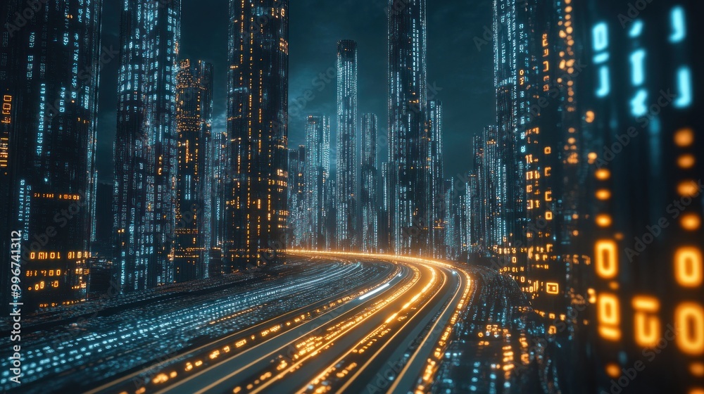 A futuristic cityscape with glowing skyscrapers and dynamic light trails on a roadway. A futuristic cityscape with glowing skyscrapers and dynamic light trails on a roadway.