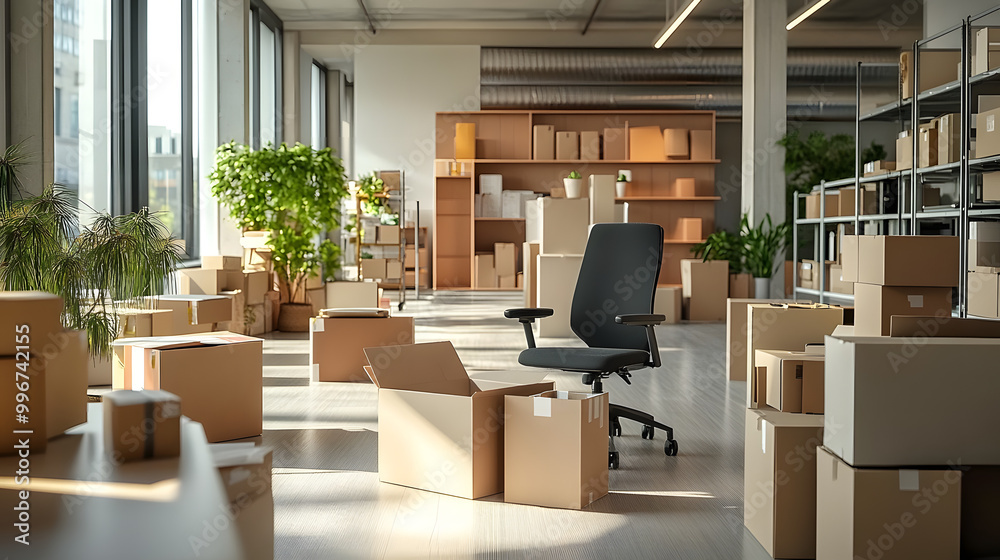 Fototapeta premium Corporate Relocation: Packing and Unpacking Furniture and Belongings in New Office Space