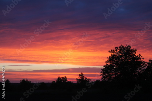 sunset, sky, sun, clouds, orange, nature, sunrise, evening, landscape, cloud, dusk, silhouette, beautiful, trees, red, yellow, night, dawn, light, blue, tree