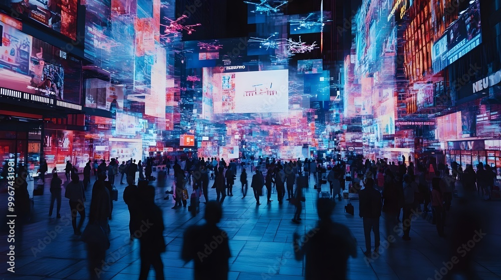 Obraz premium Cyber Monday a global digital shopping extravaganza showcasing a vision of the future with swarming drone deliveries mesmerizing interactive installations