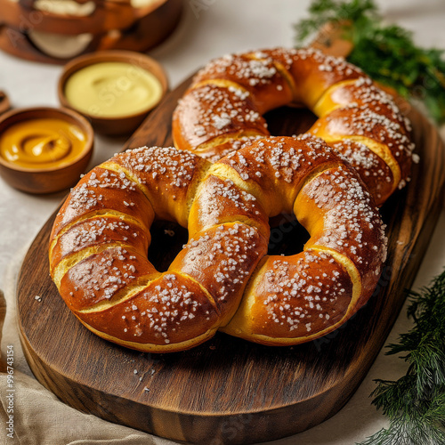 freshly baked pretzel, golden brown and sprinkled with coarse salt, served on a rustic wooden board. Include dipping sauces like mustard and cheese, surrounded by a cozy