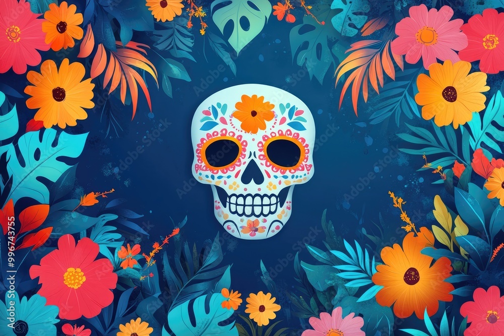 Sugar skull surrounded by colorful paper flowers and leaves on turquoise background for day of the dead celebration Sugar skull surrounded by colorful paper flowers and leaves on turquoise background for day of the dead celebration