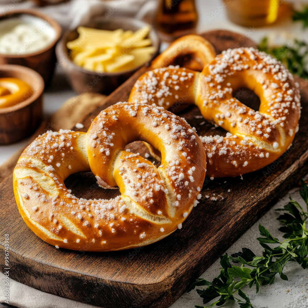 freshly baked pretzel, golden brown and sprinkled with coarse salt, served on a rustic wooden board. Include dipping sauces like mustard and cheese, surrounded by a cozy freshly baked pretzel, golden brown and sprinkled with coarse salt, served on a rustic wooden board. Include dipping sauces like mustard and cheese, surrounded by a cozy