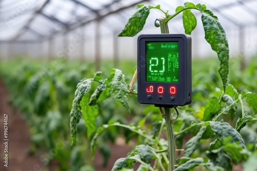 a digital thermometer is in a greenhouse