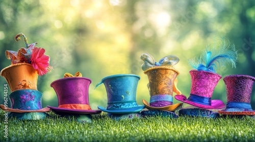 Silly Tea Party Hats Display: A charming banner background of Mad Hatter Day  featuring a display of whimsical hats for a tea party, each one more eccentric than the last,  photo