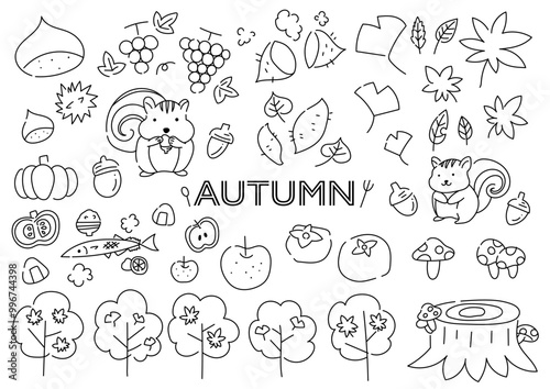 秋のものを集めた手描きイラストセット
