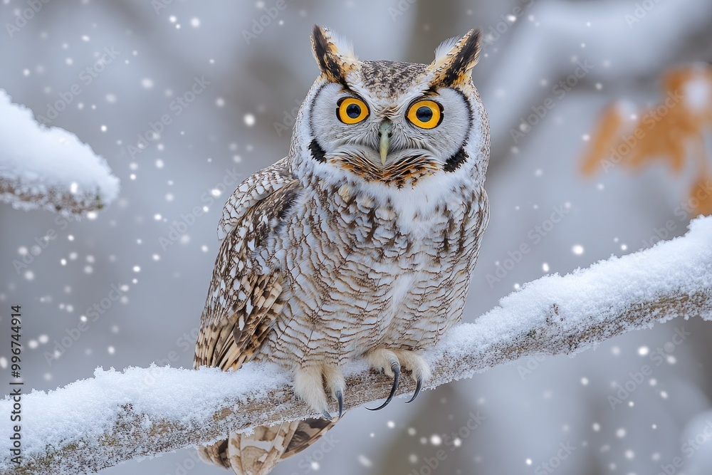 Long-eared owl perched on a snow covered branch in winter Long-eared owl perched on a snow covered branch in winter