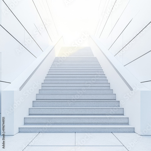 A modern staircase leading upwards captured from a lowangle view to emphasize growth and progress The staircase is set against a clean bright background