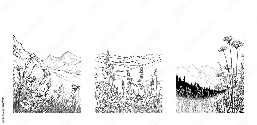 Fototapeta premium Tranquil black and white mountain landscape collection