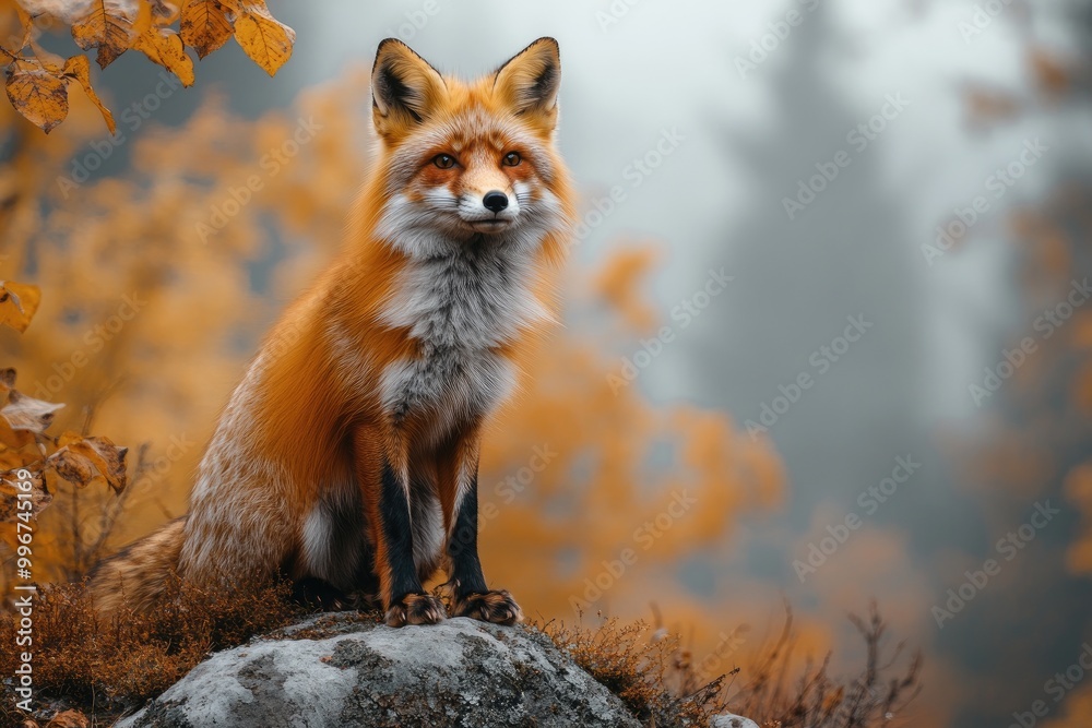 Obraz premium Red fox sitting on rock in autumn forest
