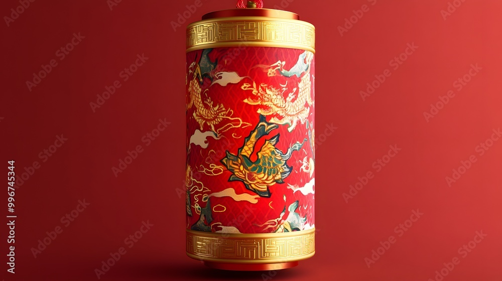 Cartoon-style cylindrical lantern with traditional patterns in red and gold Cartoon-style cylindrical lantern with traditional patterns in red and gold
