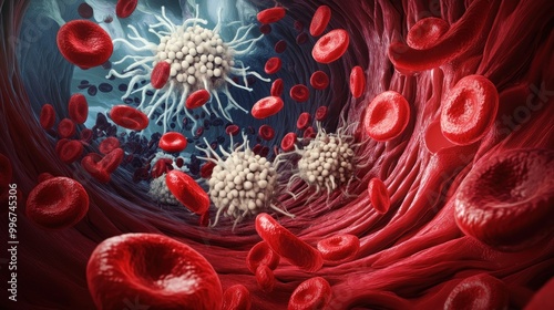 A detailed view of blood cells and white blood cells in a bloodstream.