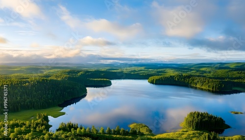 Vibrant daffodils blooming beside a serene summer lake in a closeup view