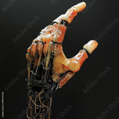 a bio mechanical hand with the ring finger pointing up, the other fingers are closed, the ring finger and back of hand facing the camera, the hand is part mechanical, bio and hard plastic photo