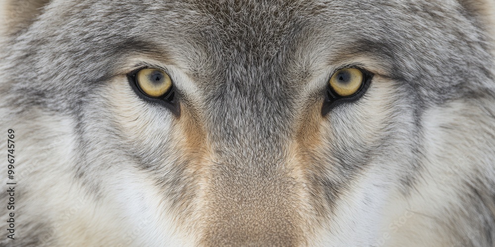 Obraz premium A black-and-white close-up of a wolf face, capturing the intense and wild gaze of the predator with detailed texture of fur and sharp features. 