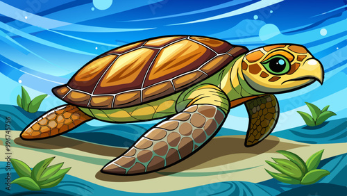 sea turtle vector cartoon illustration, blue ocean isolated background, under sea world photo