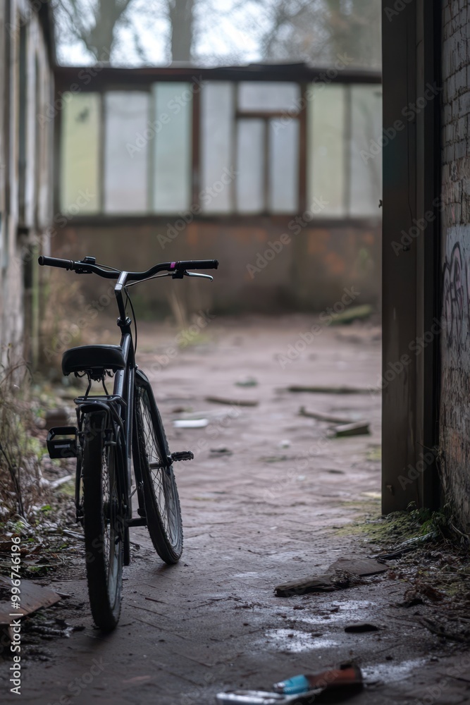 a bike is parked in an abandoned building a bike is parked in an abandoned building
