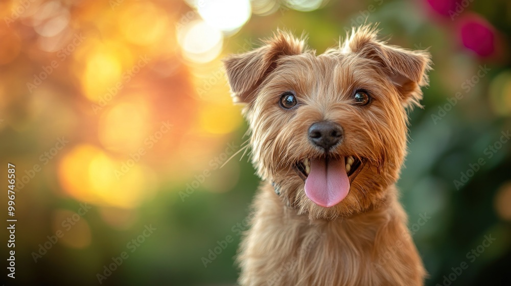 A cheerful dog with a playful expression against a blurred natural background.