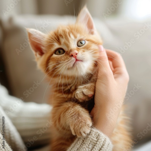 Cute orange and white kitten being gently held in hands, with fluffy fur and bright green eyes