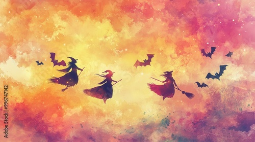 Playful watercolor witches on broomsticks flying across a soft sunset sky with glowing stars and cute bats trailing behind