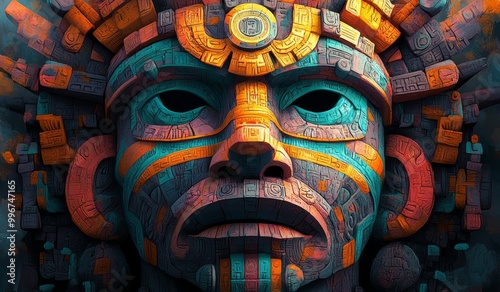 Vibrant Ancient Aztec Mask Art in Intricate Details photo