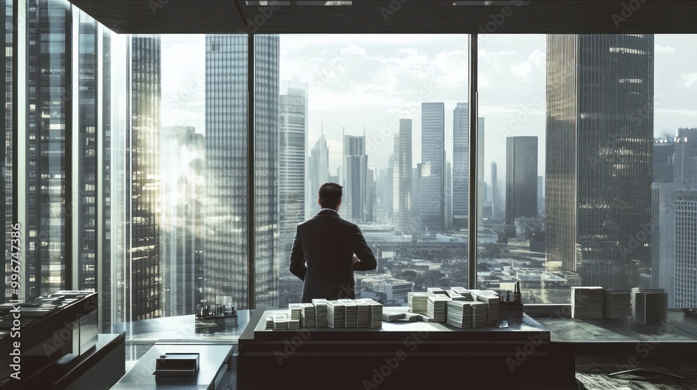 Fototapeta premium A businessman gazes out over a city skyline from a modern office with stacks of money nearby.