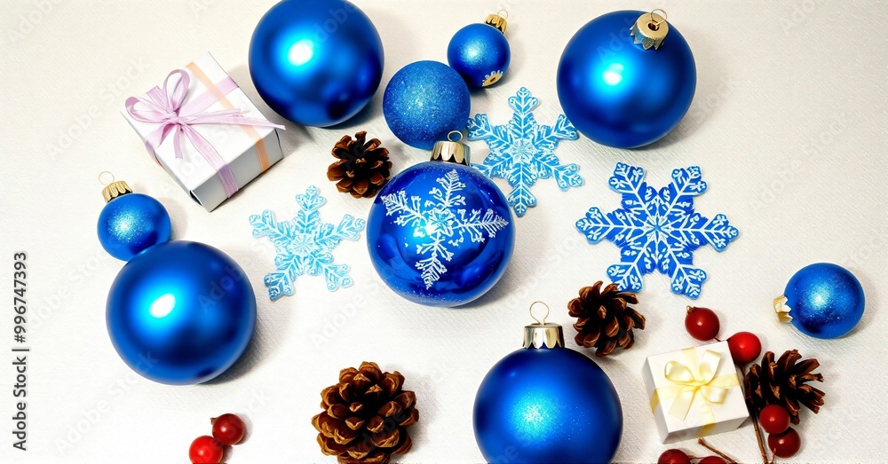 Elegant and Minimalist Design with Blue and Silver Christmas Ornaments in a Festive Winter Arrangement Elegant and Minimalist Design with Blue and Silver Christmas Ornaments in a Festive Winter Arrangement