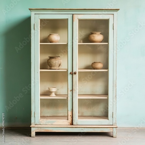 Antique cabinet with glass doors, chipped paint revealing multiple layers of color, shelves filled with dusty heirlooms, evoking a sense of history