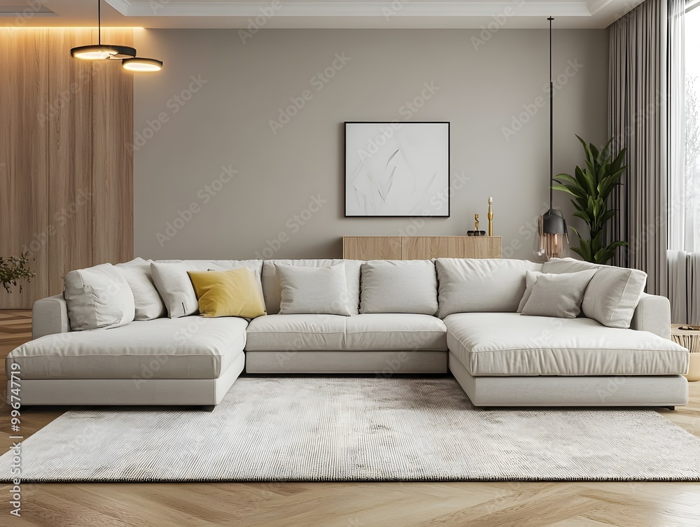 Fototapeta premium Cozy and inviting modern living room with a large comfortable sectional sofa and minimalist stylish decor The bright color accents and natural wood tones bring a warm and welcoming atmosphere