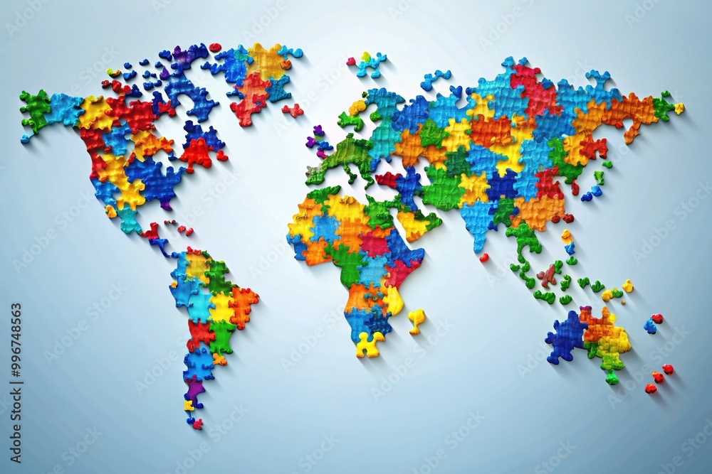 A global map with puzzle pieces fitting together, symbolizing international collaboration and awareness for Alzheimer's disease and dementia research and education. A global map with puzzle pieces fitting together, symbolizing international collaboration and awareness for Alzheimer's disease and dementia research and education.