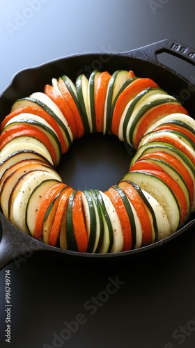 A vibrant grilled ratatouille made with fresh vegetables is beautifully arranged in a black pan, set against a dark background, inviting culinary creativity photo