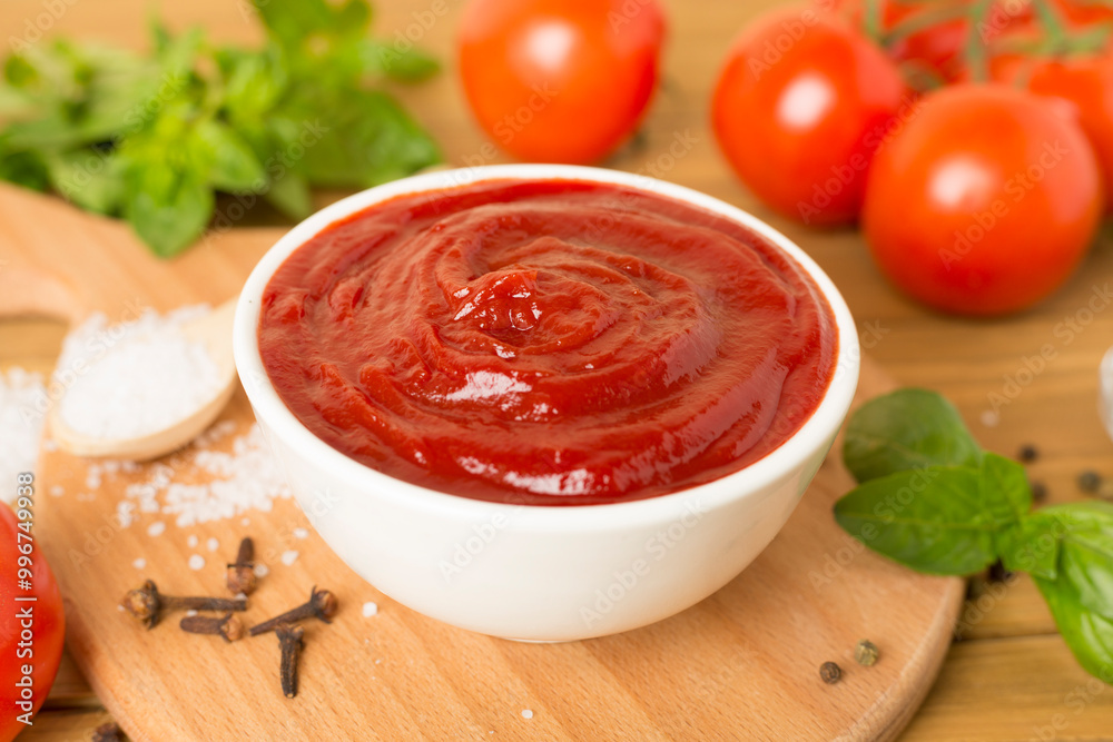 Delicious ketchup with spices and tomatoes on wooden table Delicious ketchup with spices and tomatoes on wooden table