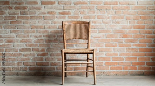 Distressed ladder-back chair with twisted wicker seat, chipped paint, and splintered legs, set against a brick wall, representing aged elegance