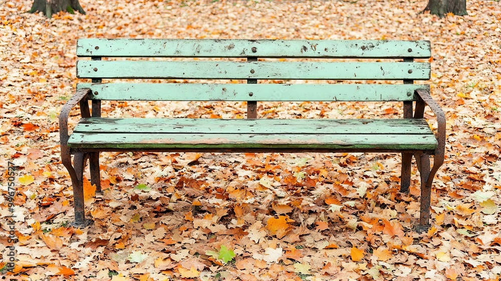 Distressed park bench with chipped green paint, rusty metal frame, and splintered wood, surrounded by fallen autumn leaves, evoking serene solitude Distressed park bench with chipped green paint, rusty metal frame, and splintered wood, surrounded by fallen autumn leaves, evoking serene solitude