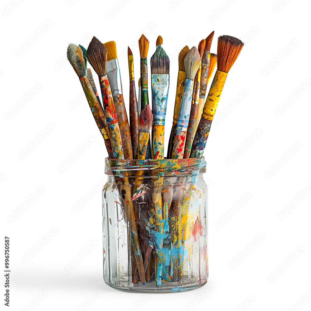 Jar of colorful paintbrushes on a Transparent Background Jar of colorful paintbrushes on a Transparent Background