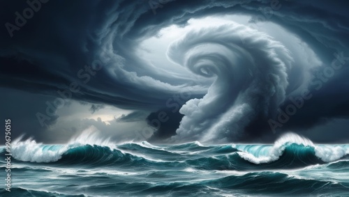 Massive hurricane swirls forming over the ocean with dark skies