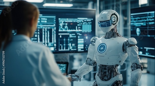 A scientist interacts with a humanoid robot in a high-tech lab filled with data screens.