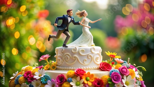 A whimsical wedding cake features a runaway bride and groom figurine, with the bride dragging the groom behind her, surrounded by colorful flowers and swirls. photo