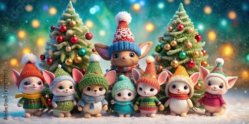 A whimsical group of tiny mythical creatures, adorned with festive hats and scarves, gather around a sparkly Christmas tree, exuding joy and holiday cheer.