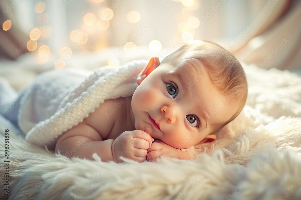 Adorable baby lies on soft white blanket, chubby tiny hands grasping tiny toes, innocent eyes sparkle with curiosity and joy in tender morning light. Adorable baby lies on soft white blanket, chubby tiny hands grasping tiny toes, innocent eyes sparkle with curiosity and joy in tender morning light.