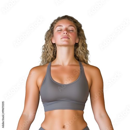 Front view of a woman in gray sportswear with closed eyes, meditating and practicing breathing techniques on a transparent background