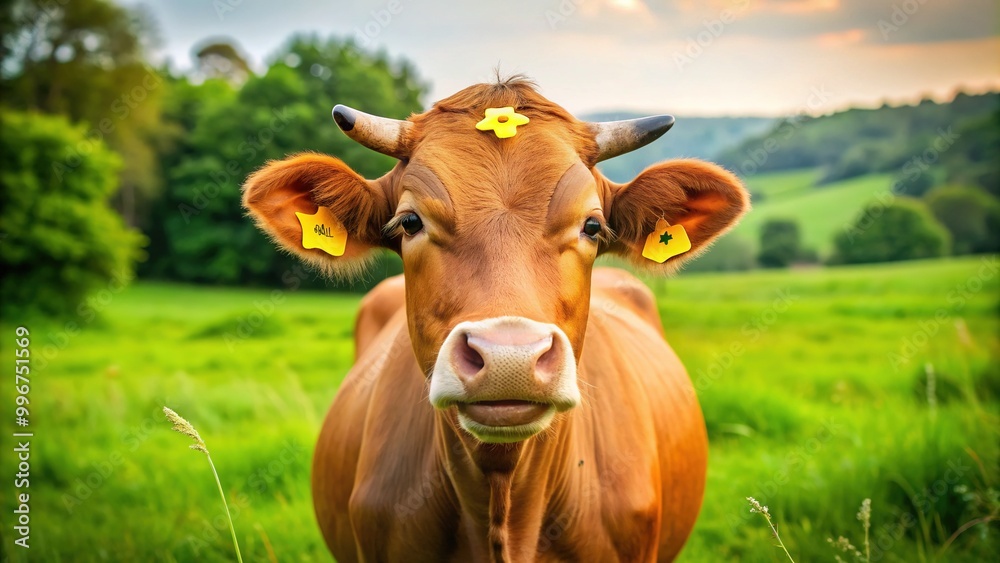 Adorable brown cow with a cheerful emoji symbol on its forehead, standing in a green pasture, symbolizing rural charm and playful friendliness. Adorable brown cow with a cheerful emoji symbol on its forehead, standing in a green pasture, symbolizing rural charm and playful friendliness.