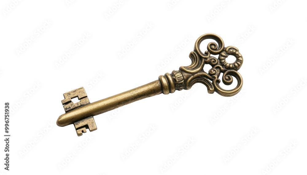 A close-up of an intricately designed antique brass key, isolated against a black background. A close-up of an intricately designed antique brass key, isolated against a black background.