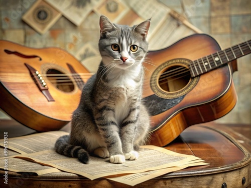 Adorable grey cat sitting on a vintage guitar, surrounded by music sheets and guitar picks, evoking a sense of harmony and feline curiosity. photo