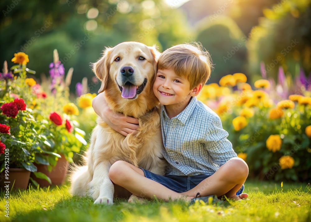 Adorable young boy cuddles and plays with his happy golden retriever dog on a sunny backyard lawn surrounded by green trees and colorful flowers. Adorable young boy cuddles and plays with his happy golden retriever dog on a sunny backyard lawn surrounded by green trees and colorful flowers.