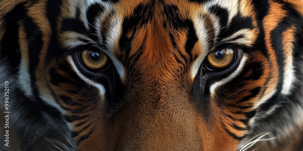 A detailed macro shot of a tiger face with a focus on its intense gaze and facial features, emphasizing the sharpness and power of the animal. A detailed macro shot of a tiger face with a focus on its intense gaze and facial features, emphasizing the sharpness and power of the animal.