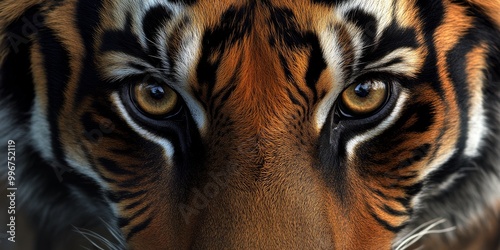 A detailed macro shot of a tiger face with a focus on its intense gaze and facial features, emphasizing the sharpness and power of the animal. 