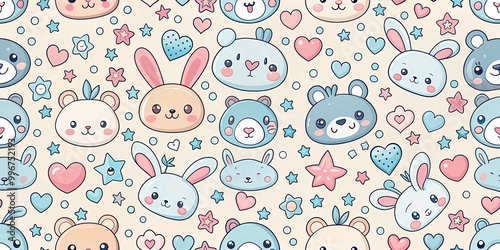Adorable pastel pink and blue kawaii pattern featuring cute cartoon animals, hearts, and stars on a soft, creamy white background.